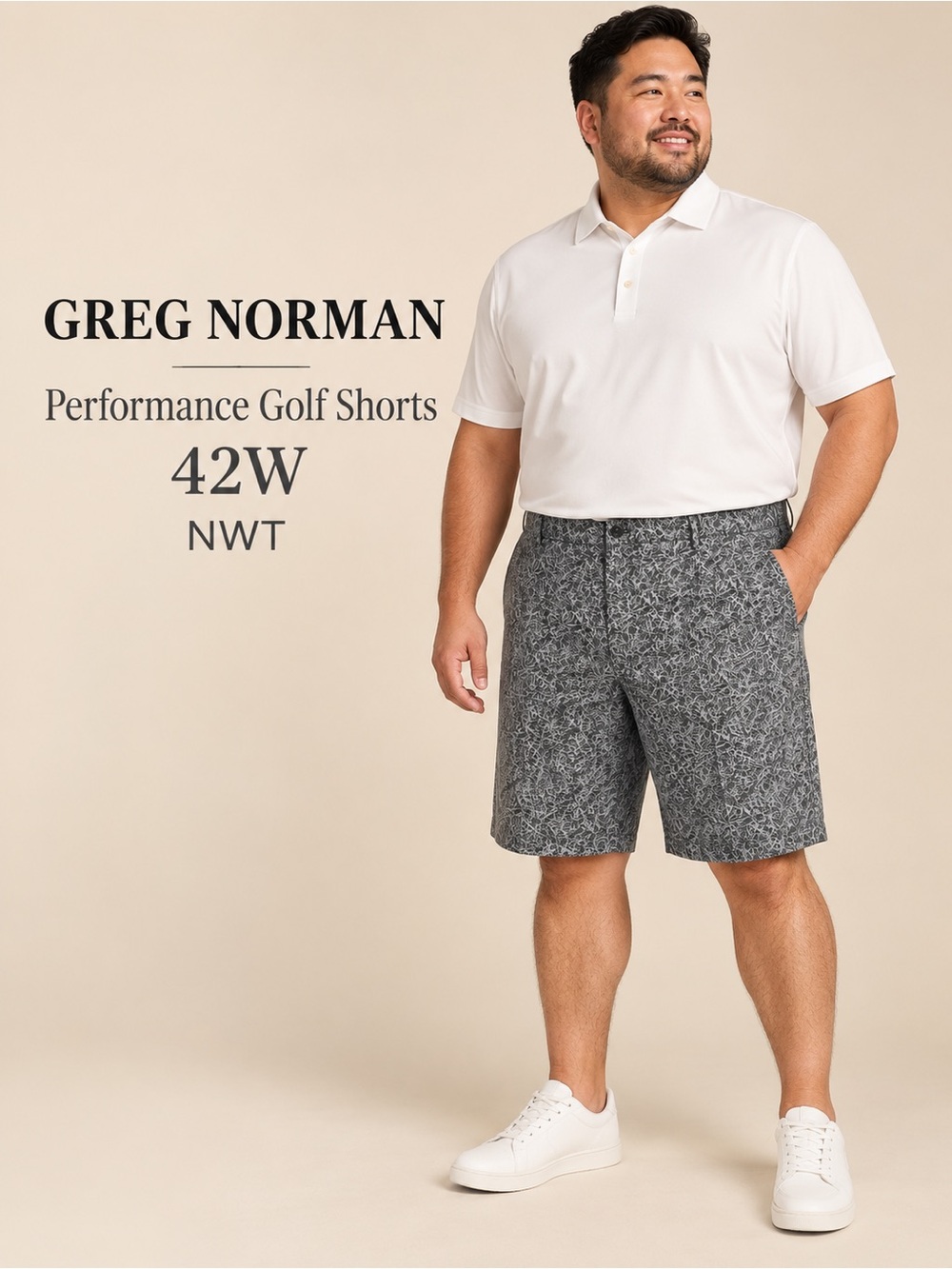 NWT Greg Norman Tasso Elba Abstract Golf Shorts 42W Gray